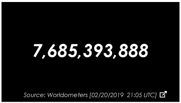 7,685,393,888 Source: Worldometers [02/20/2019  21:05 UTC]